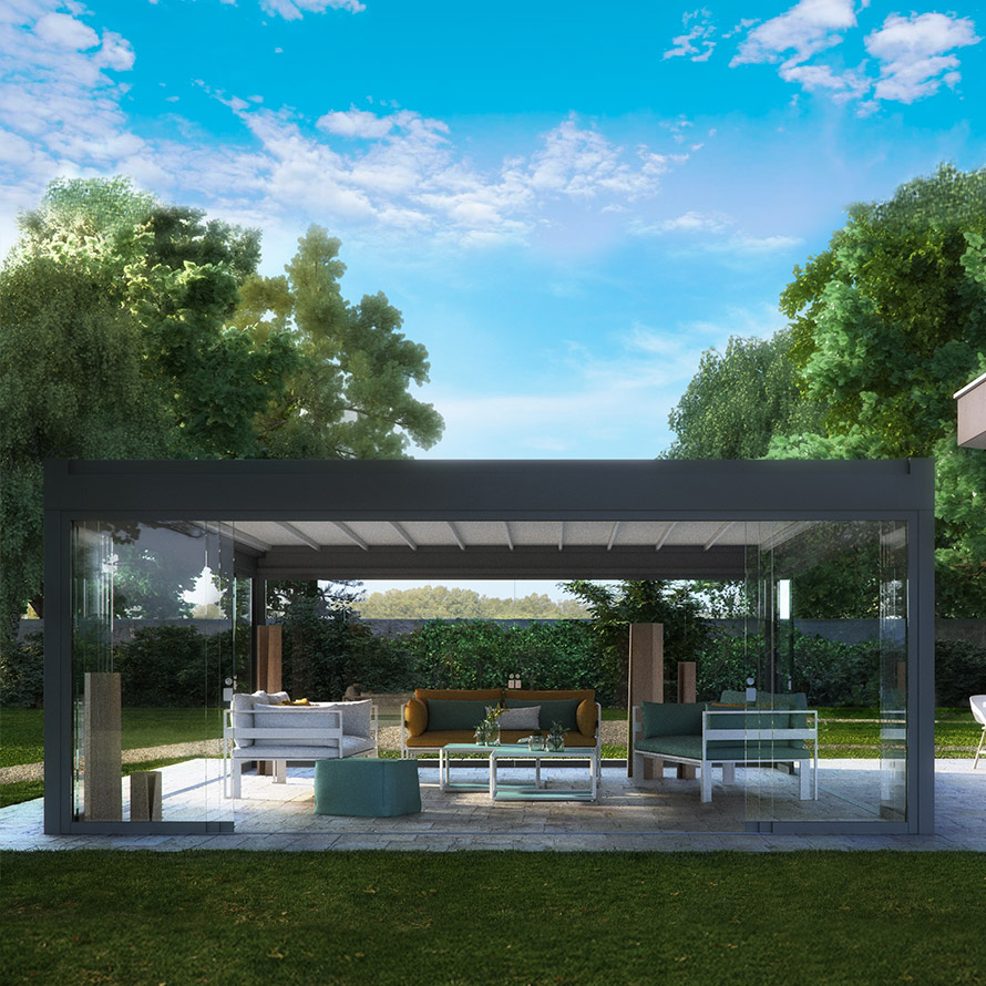 Pergola à toile rétractable et vitrages